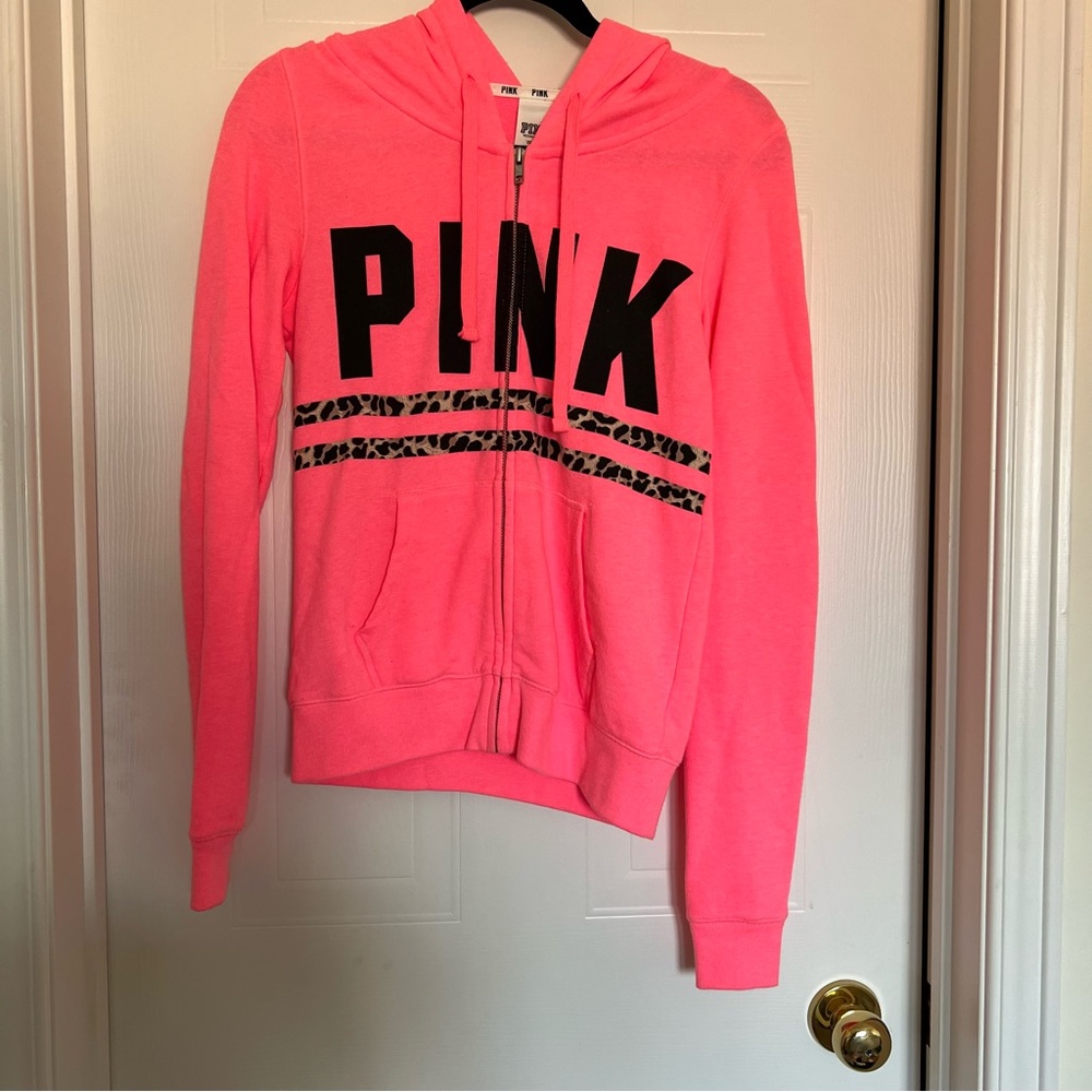 PINK Victoria's Secret Bright Pink Hoodie with Black Lettering